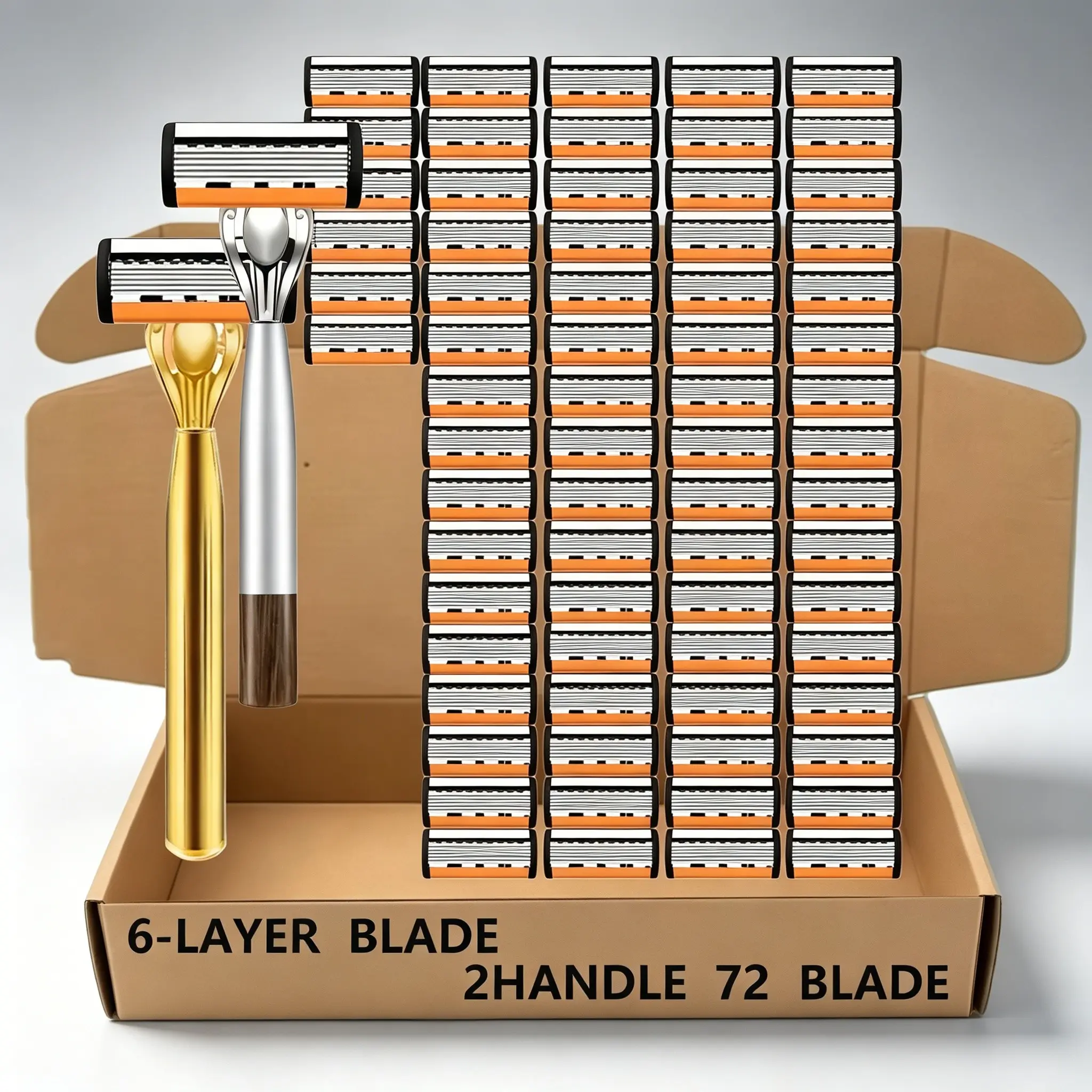 Six-Layer Manual Razor Set, Includes Two Handles and 72 Replacement Blades, Lubricating Soap Bar, Flexible Rotating Head, for Face, Head, Body Hair Removal, Manual Shaving Kit