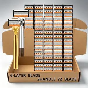 Six-Layer Manual Razor Set, Includes Two Handles and 72 Replacement Blades, Lubricating Soap Bar, Flexible Rotating Head, for Face, Head, Body Hair Removal