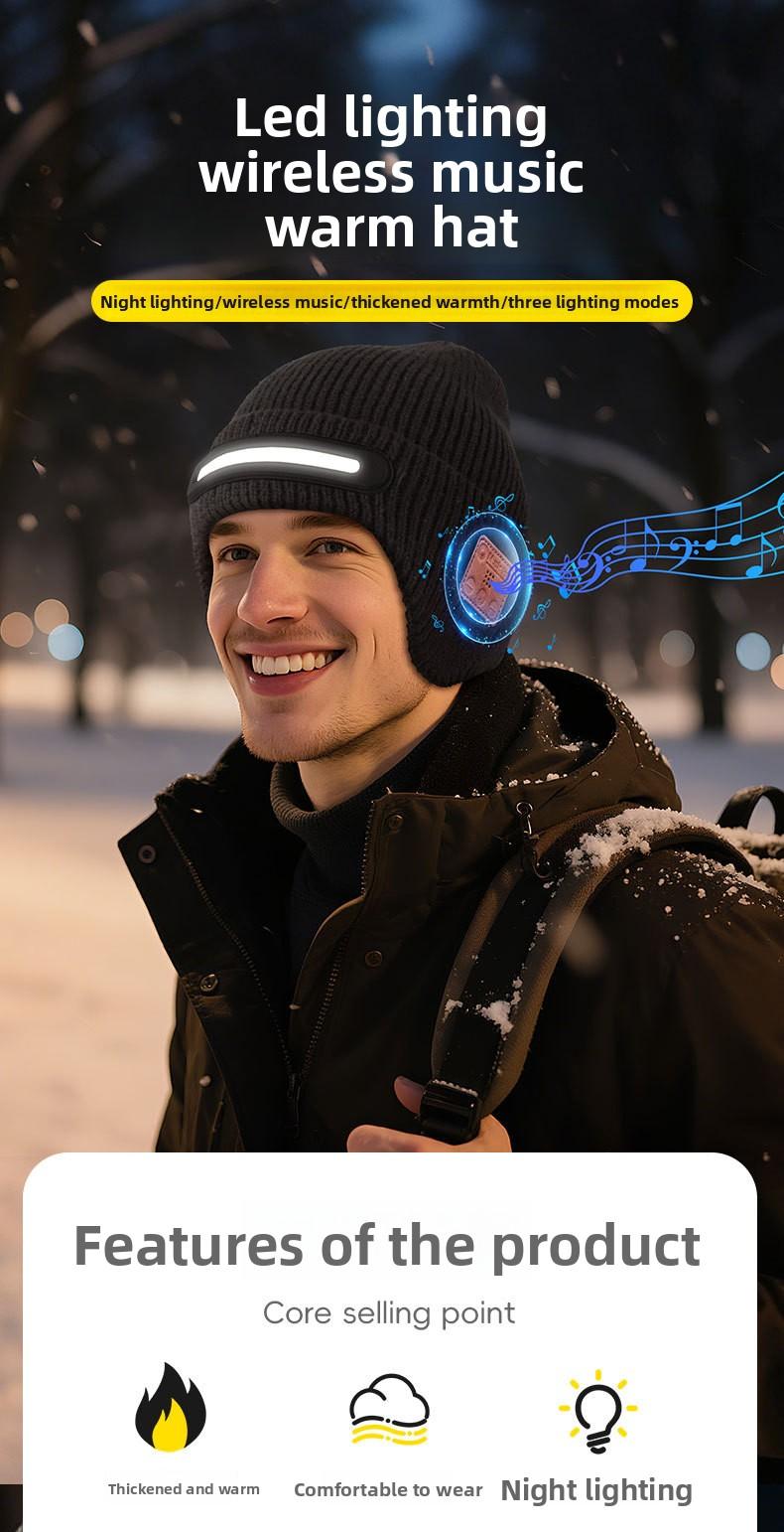 New USB Charging Light-Up Bluetooth Headphone Hat Outdoor Warm Knitted Ear Protection Hat Wireless Music Colorful Light Design Unisex Fashionable Casual Flashlight Hat for Christmas Holidays