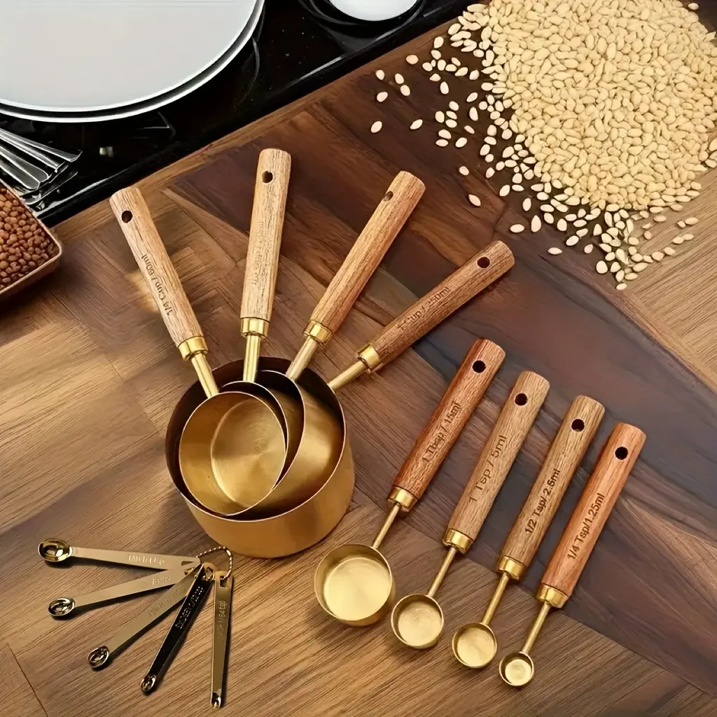 8 Piece Stainless Steel Measuring Cup and Spoon Set with Wooden Handles, Kitchen Baking Tools, Measuring Cups and Spoons Set, Includes 5 Mini Spoons, Ideal for Cooking and Baking