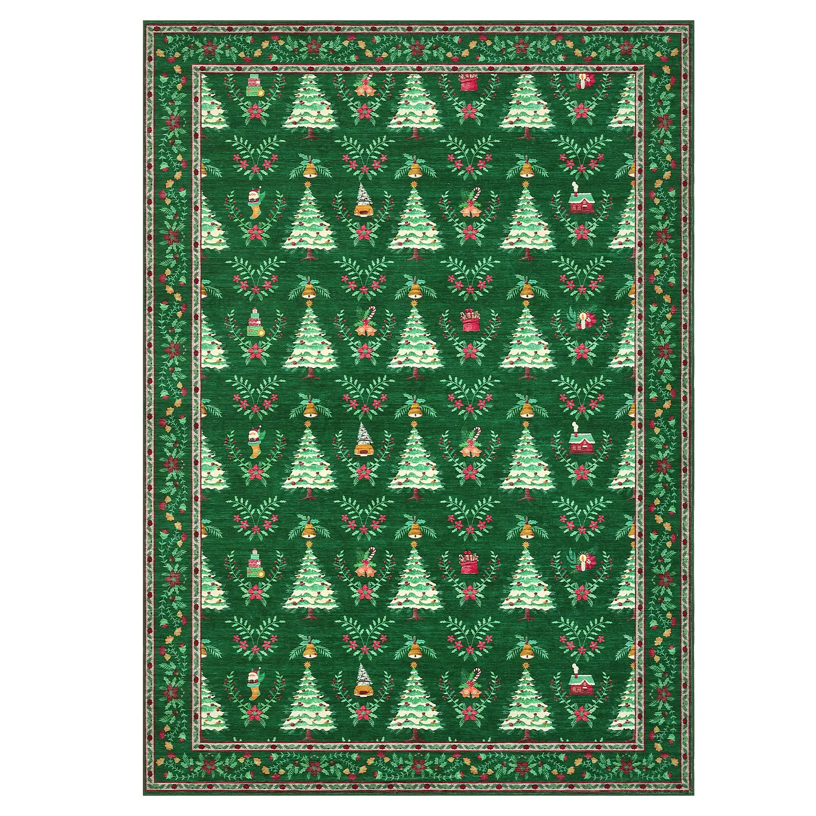 Washable Christmas Area Rug - Non-Slip Low Pile Collapsible Carpet Runner - Ultra-Soft, Festive Xmas Tree & Bell Print, Decorative Floor Mat for Living Room, Bedroom, Kitchen, Hallway, Nursery, Red & Green