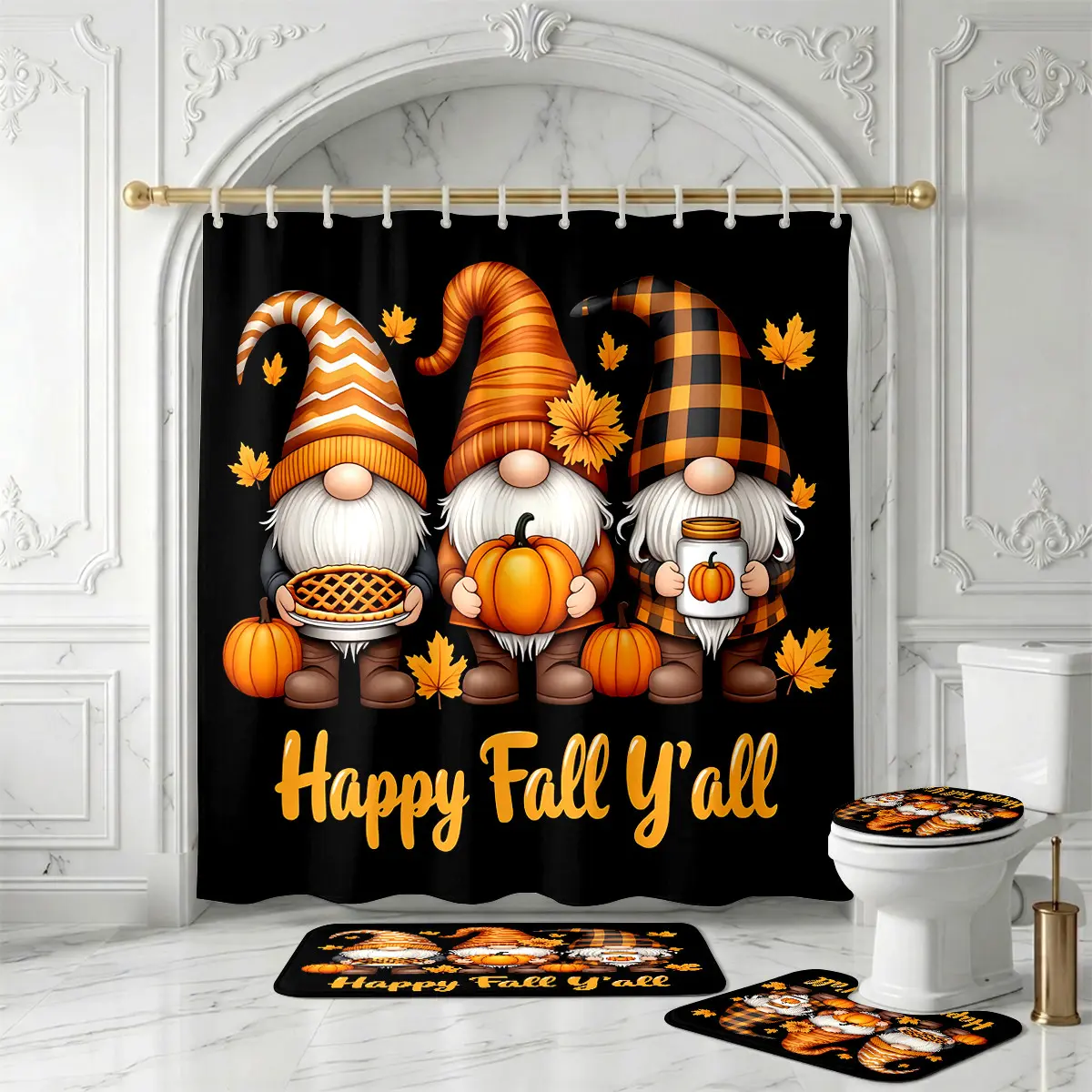 Happy Fall Y'all Gnome Shower Curtain Set – Cute Pumpkin Pie Maple Leaf Plaid Bathroom Decor for Thanksgiving, Harvest & Autumn Festival Vibes