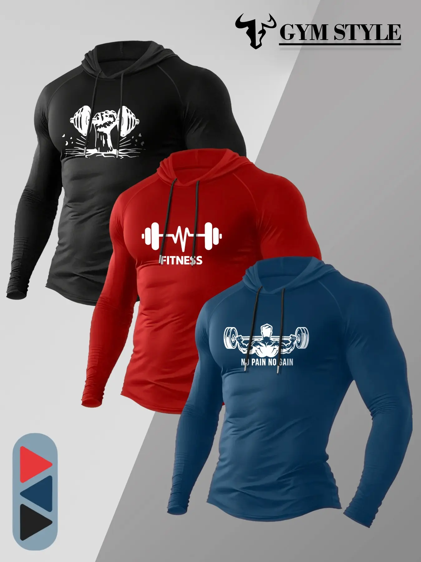 Men 3 Pack Muscle Fit Hooded Long Sleeve Compression Shirts Quick Dry Stretch Gym Athletic Tops Barbell Weightlifting Graphic No Pain No Gain Fitness Print Curved Hem Training Running Hoodies 2026 Trendy #3packgymhoodlongsleeve #weightliftinggraphictop #m