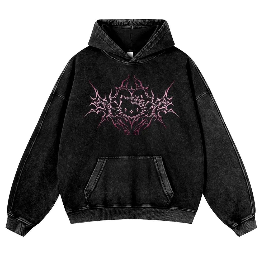 Y2K Dark Aesthetic Cat Pullover Hoodie Kitten 380g Autumn VIntage Washed Hoodie Graphic Sweatshirt,back to school,back to school shopping