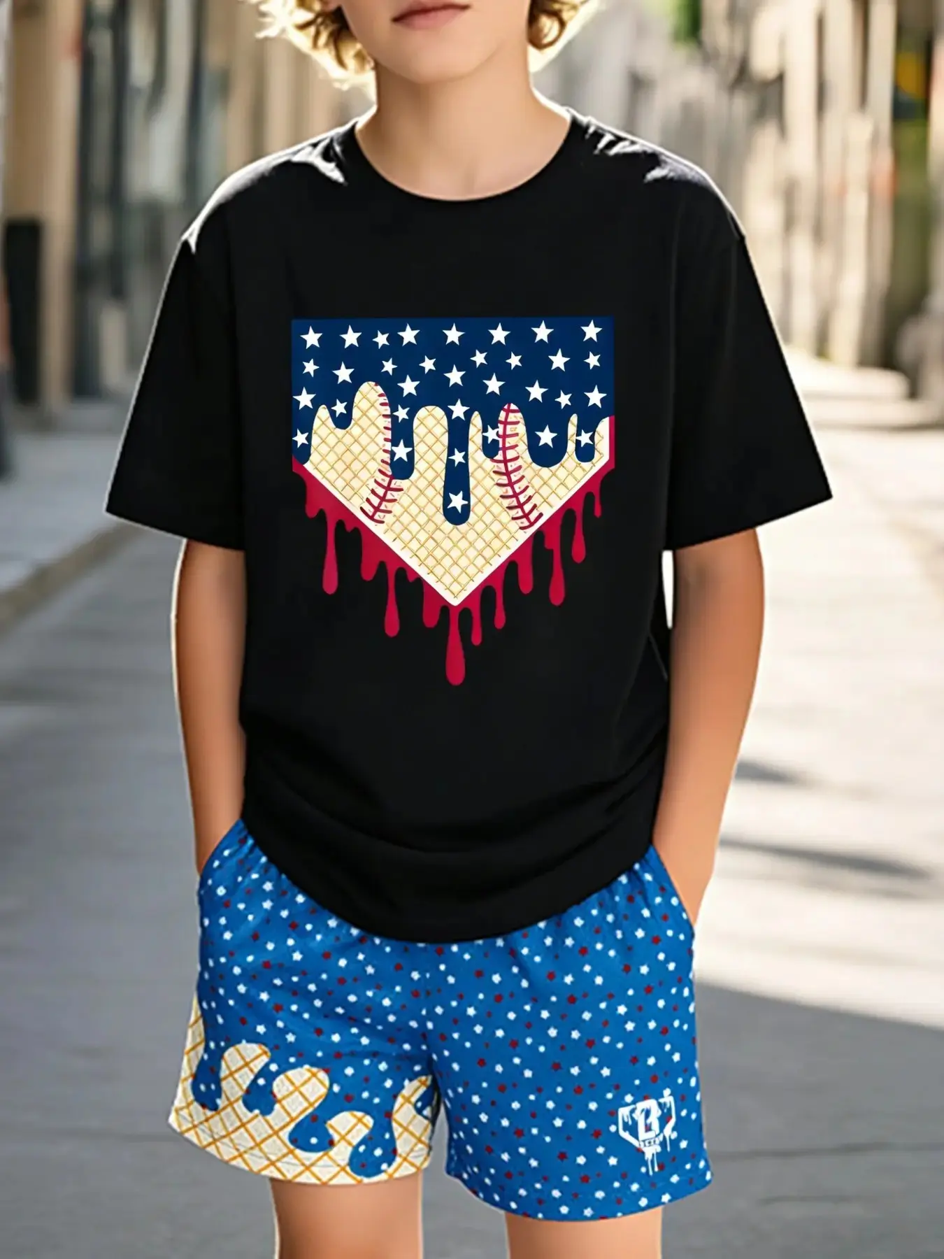 Fun Baseball Print Kids Set, Boy Summer Breathable Short Sleeve Shorts Two-Piece, Casual Slim-Fitting Clothing for Children