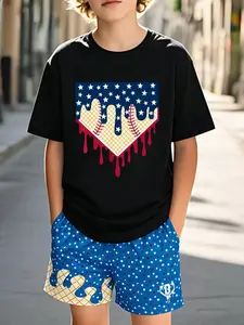 Fun Baseball Waffle Print Kids Set, Boy Summer Breathable Short Sleeve Shorts Two-Piece, Casual Slim-Fitting Graphic Clothing