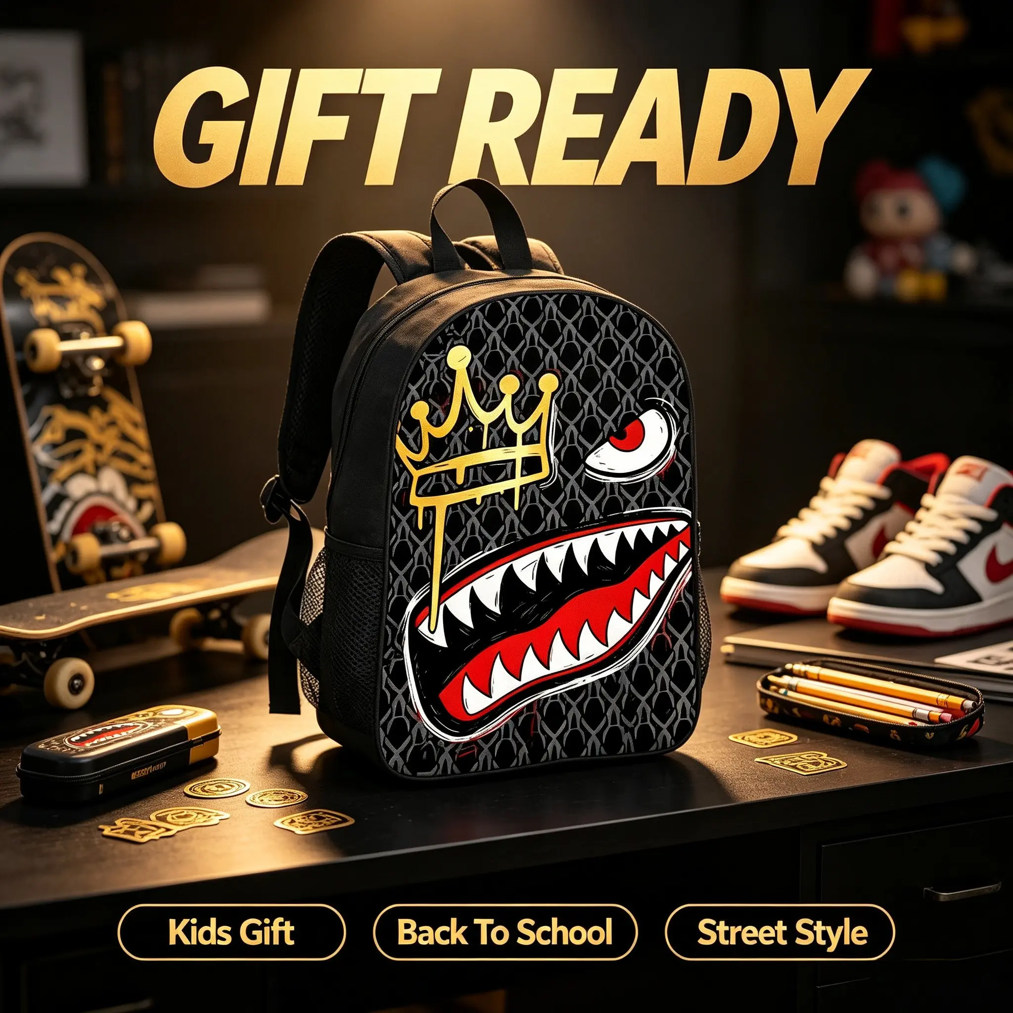 Men's Graffiti Mesh Fashion Backpack - Crown, Eyes, Mouth Designs, Casual Youth Backpack for Everyday Use & Back to School Gift
