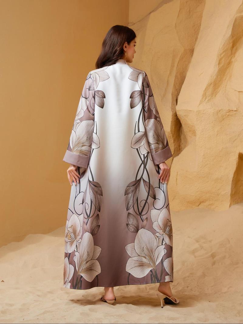 Women's Floral Pattern Long Dress, Floral Print Abaya, Elegant Modesty Long Sleeve Maxi Arabic Clothing, Ladies Islamic Clothing for Daily Wear
