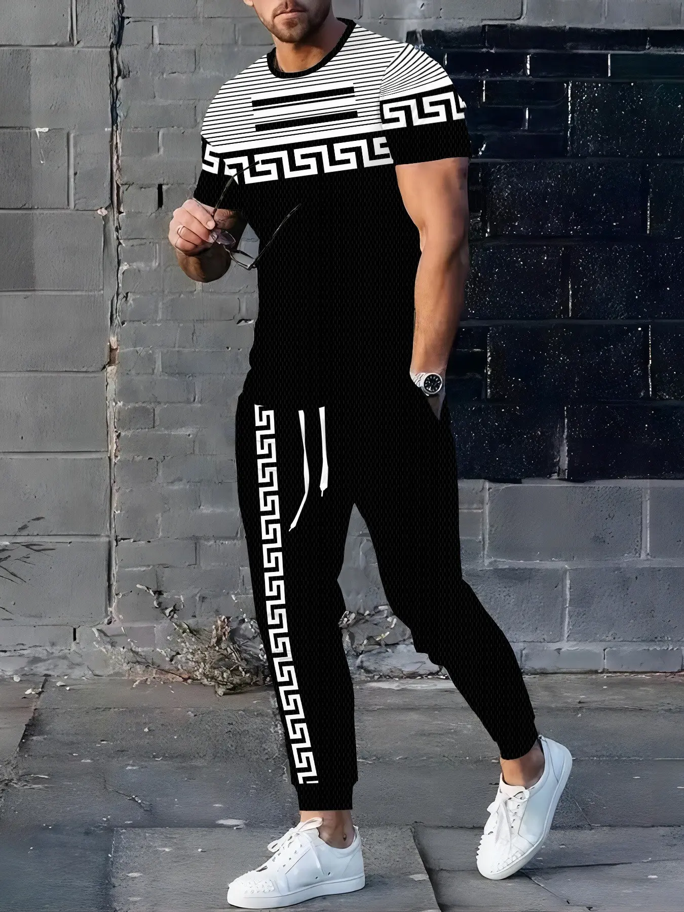 Men's Block Ethnic Geometric Print 2-Piece Set, Summer Lightweight Mesh Short Sleeve Tee and Drawstring Jogger Pants