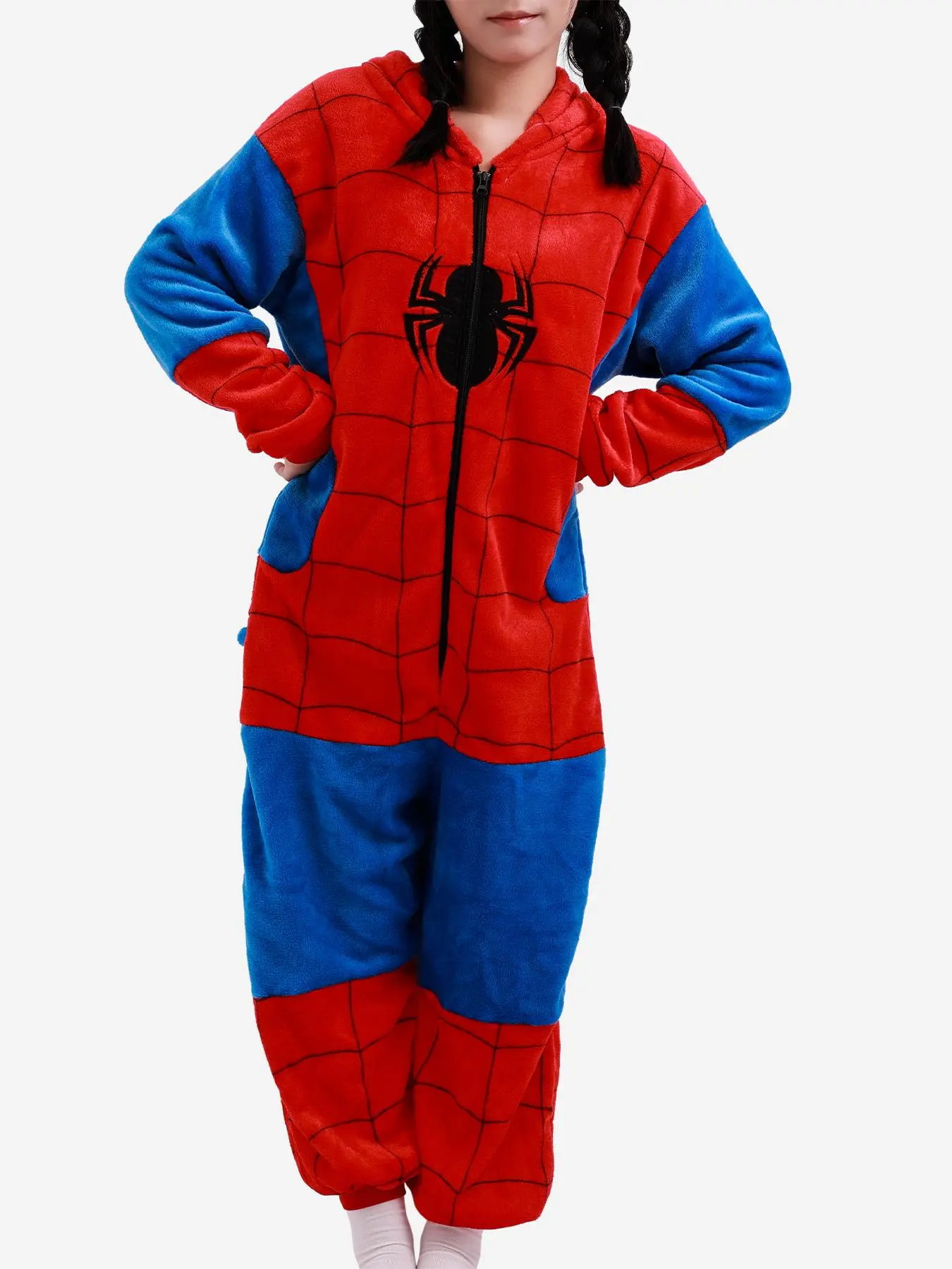 Colorblock Spider Print Hooded Jumpsuit, Casual Fashion Women's Cosplay Costume for Fall & Winter, Party Jumpsuit for Women