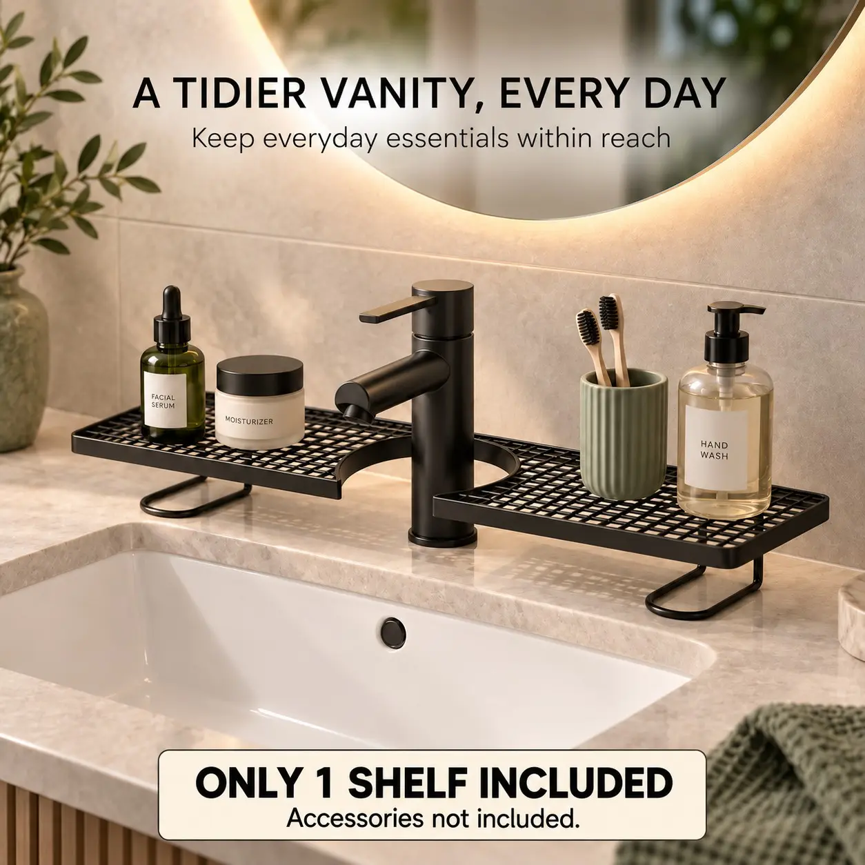 Carbon Steel Bathroom Organizer, 19.7 X 4.3 in No-Drill Vanity Counter Storage Rack, Moisture-Proof Anti-Mold Shelf for Skincare & Toiletries