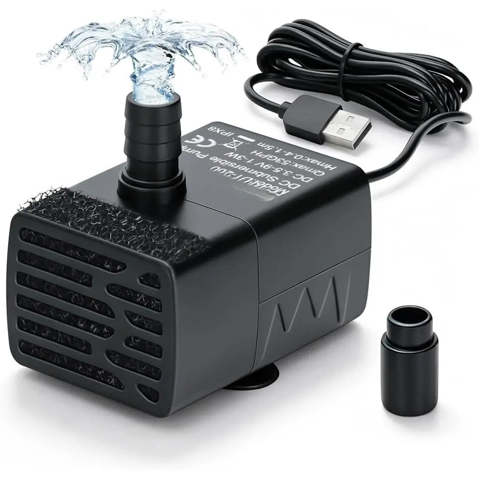 Black DC 3.5-9V USB Mini Submersible Aquarium Water Pump with Filtration System, Adjustable Flow, 2 Nozzles, 53GPH, Horizontal/Vertical Installation for Fish Tanks, Garden Ponds, Abs Plastic