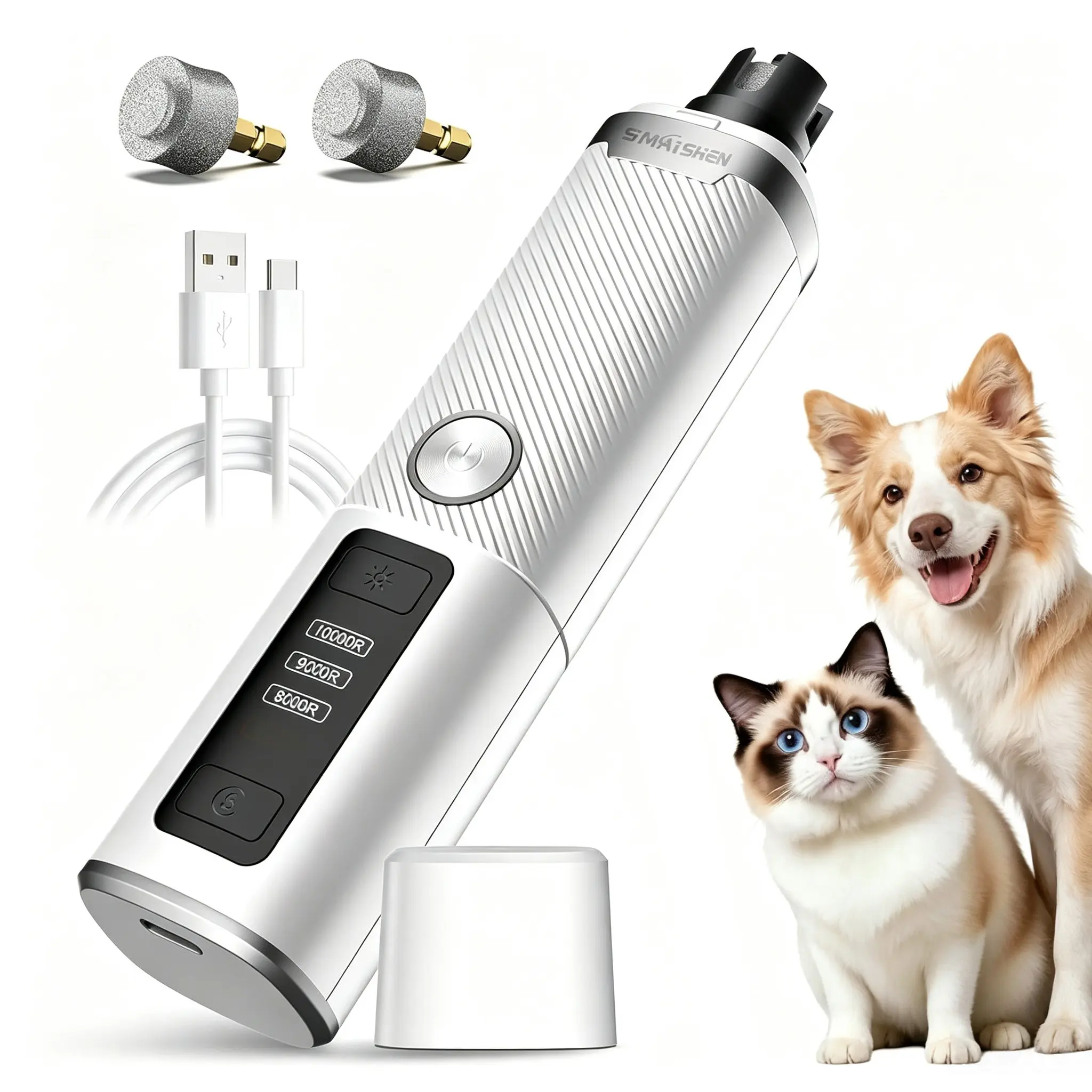 Dog Nail Grinder with 2 LED Lights, Electric Dog Nail Trimmer with 3 Grinding, 3-speed Rechargeable Silent Grooming Nail Grinder Suitable for Cats and Dogs