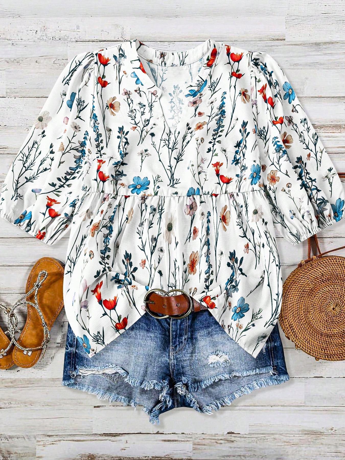 【Plus Size】 Floral Print Notched Neck Boho Cottagecore Blouse, Boho Floral Printed Casual Bishop Sleeve Top for Summer, Women's Clothes for Daily Wear