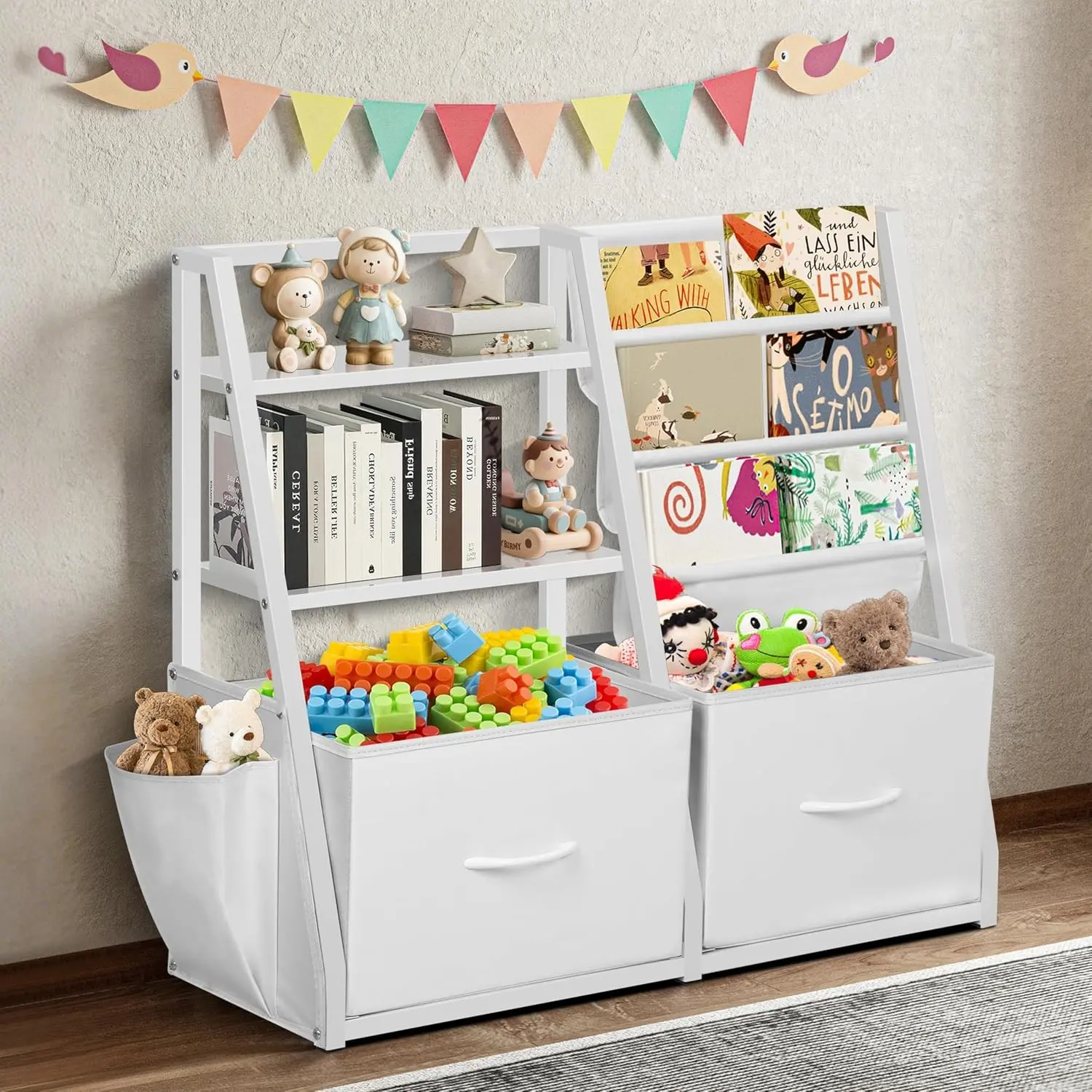 White Montessori Kids Bookcase with 2 Drawers - Montessori Toys Storage Organizer for Toddler Room, Nursery Indoor Furniture