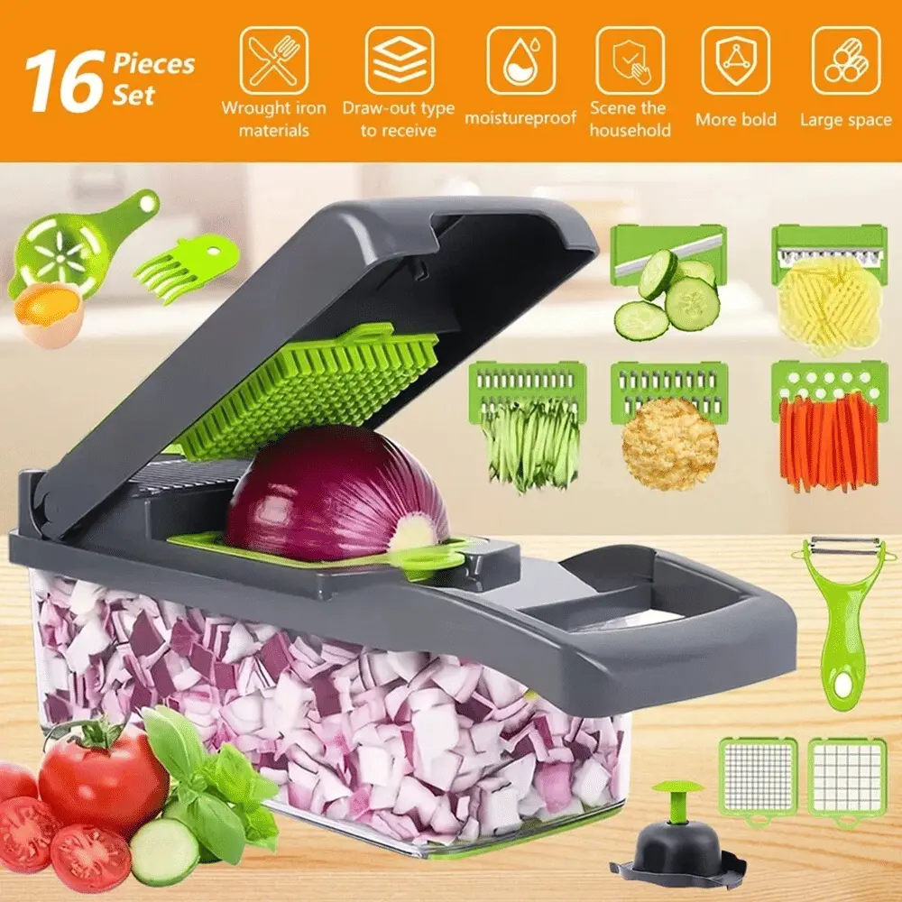 16-In-1 Stainless Steel Blade Kitchen Fruit Vegetable Slicer - Silicone Lid Equipped Food Onion Veggie Dicer Chopper for Indoor Recreation Leisure Activities