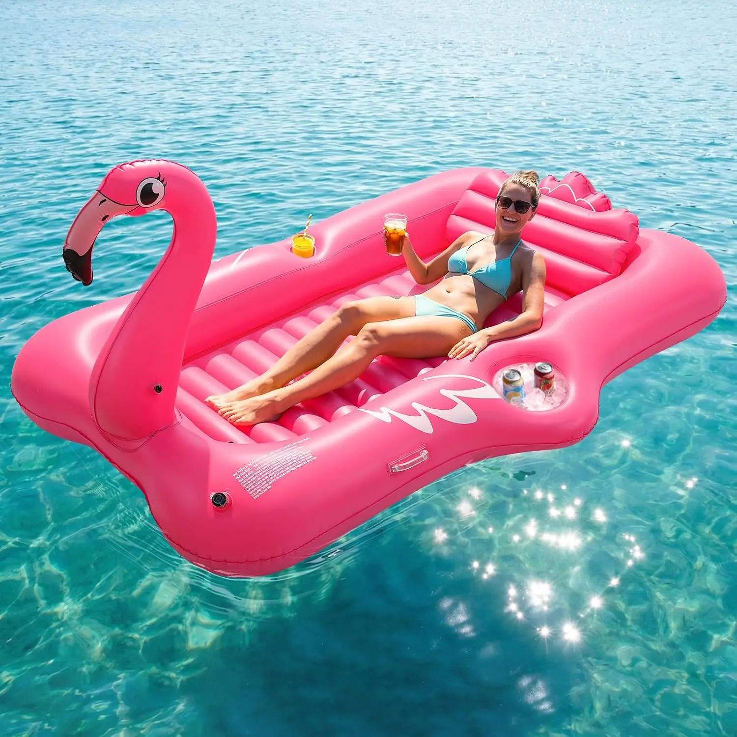 Flamingo Inflatable Tanning Pool Float with Cup Holders, Detachable Inflation Pillow & Dual Handles - Adult Pool Floats for Beach Party, Backyard, Summer Fun