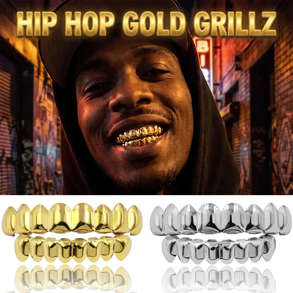 Gold Teeth Grillz Top & Bottom Set - Y2K Hip Hop Smooth Mirror Polish Removable Mouth Caps for Rave Party, Streetwear Costume Jewelry
