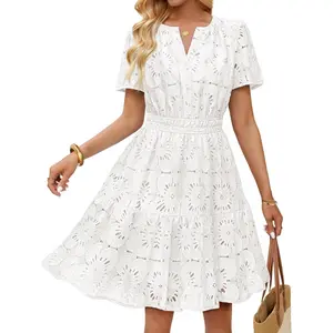 Women's Spring Summer Lace Boho Dress Short Sleeve Eyelet Floral Ruffle A Line Vacation Beach Mini Dresses2026