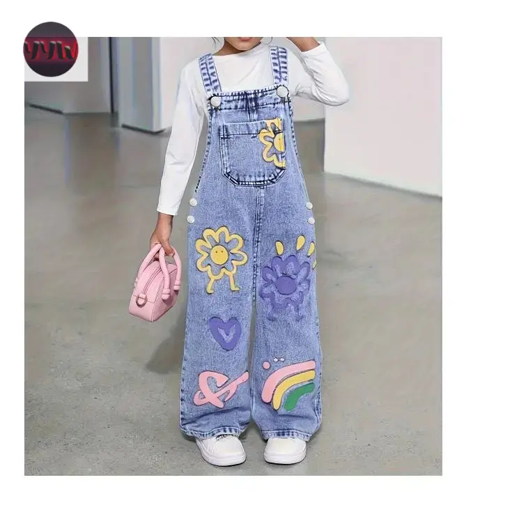 YYW1 Girls' jeans, young girls' sunflower pattern printed straight loose overalls, workwear-style overalls, holiday pants, must-have workwear overalls back to school