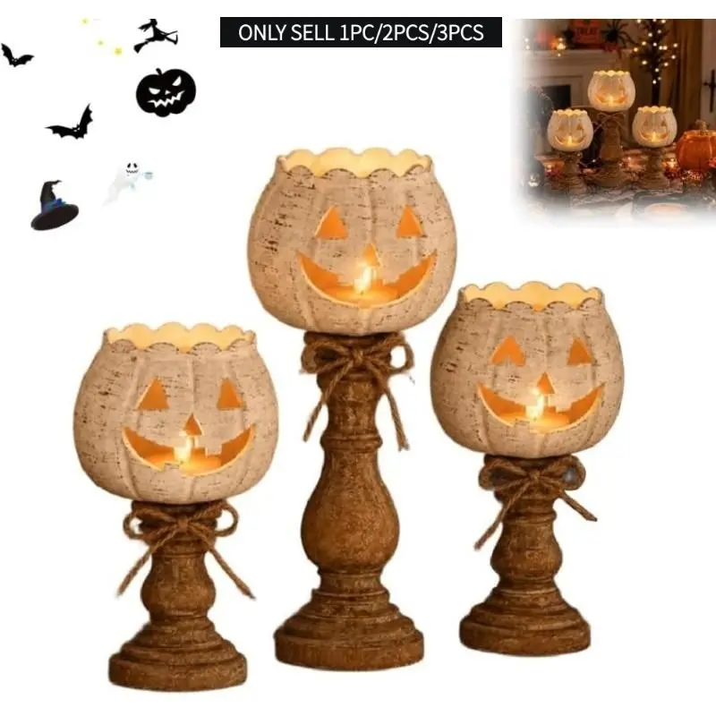 Halloween Retro Pumpkin Candle Holder, Tea Light Candle Holders, Vintage Pumpkin Theme Halloween Decoration, Fall Table Centerpiece for Thanksgiving and Halloween Parties