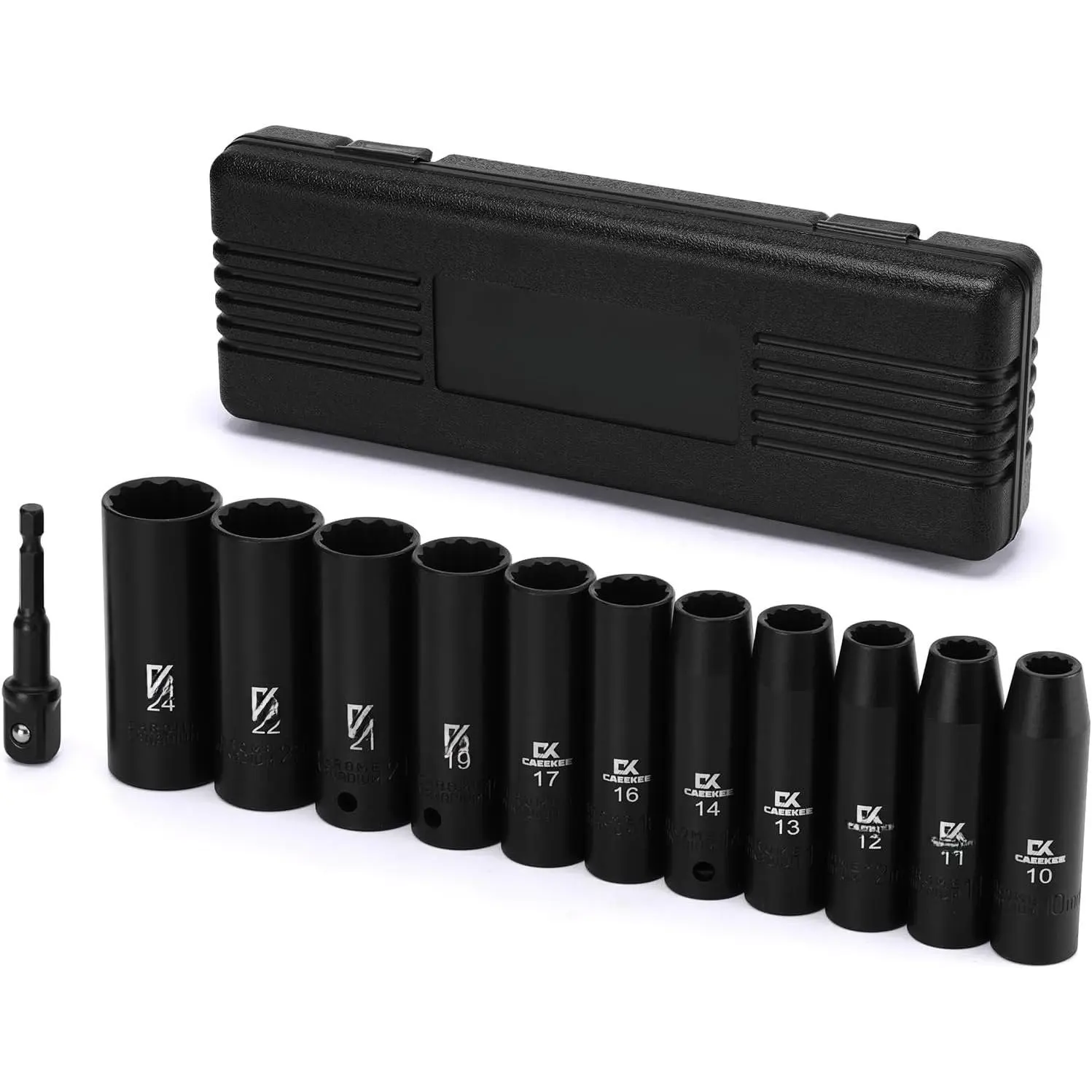 12- 1/2" Drive Deep  Socket Set, Metric (10mm - 24mm), 12-Point, Cr-V Steel, Includes Drill Socket Adapter
