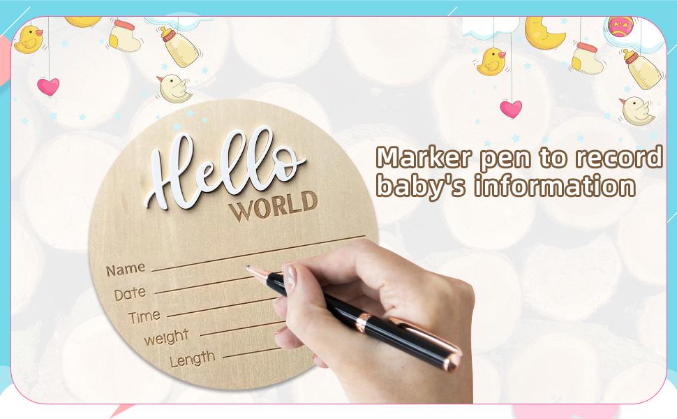 Baby Announcement Sign,​5.9 Inch Wooden Hello World Newborn Signs, Birth Announcement Sign, Baby Shower Hospital Nursery for Newborn Boys and Girls (White)