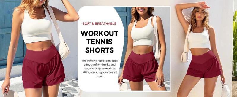 Danedvi Womens High Waisted Athletic Shorts Ruffle Tiered Running Workout Tennis Shorts with Build in Shorts