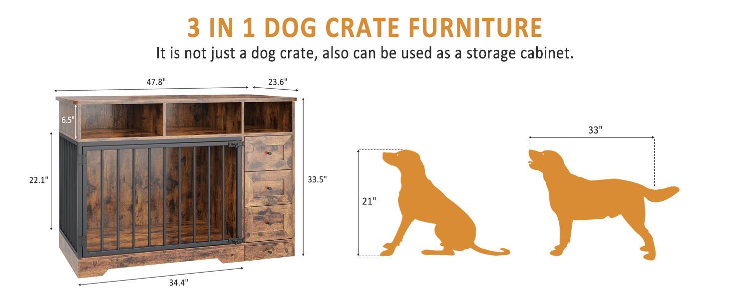 48'' dog crate furniture, heavy duty medium dog crate with bowl & storage drawers, crates for dogs indoor end table for small medium, retro brown