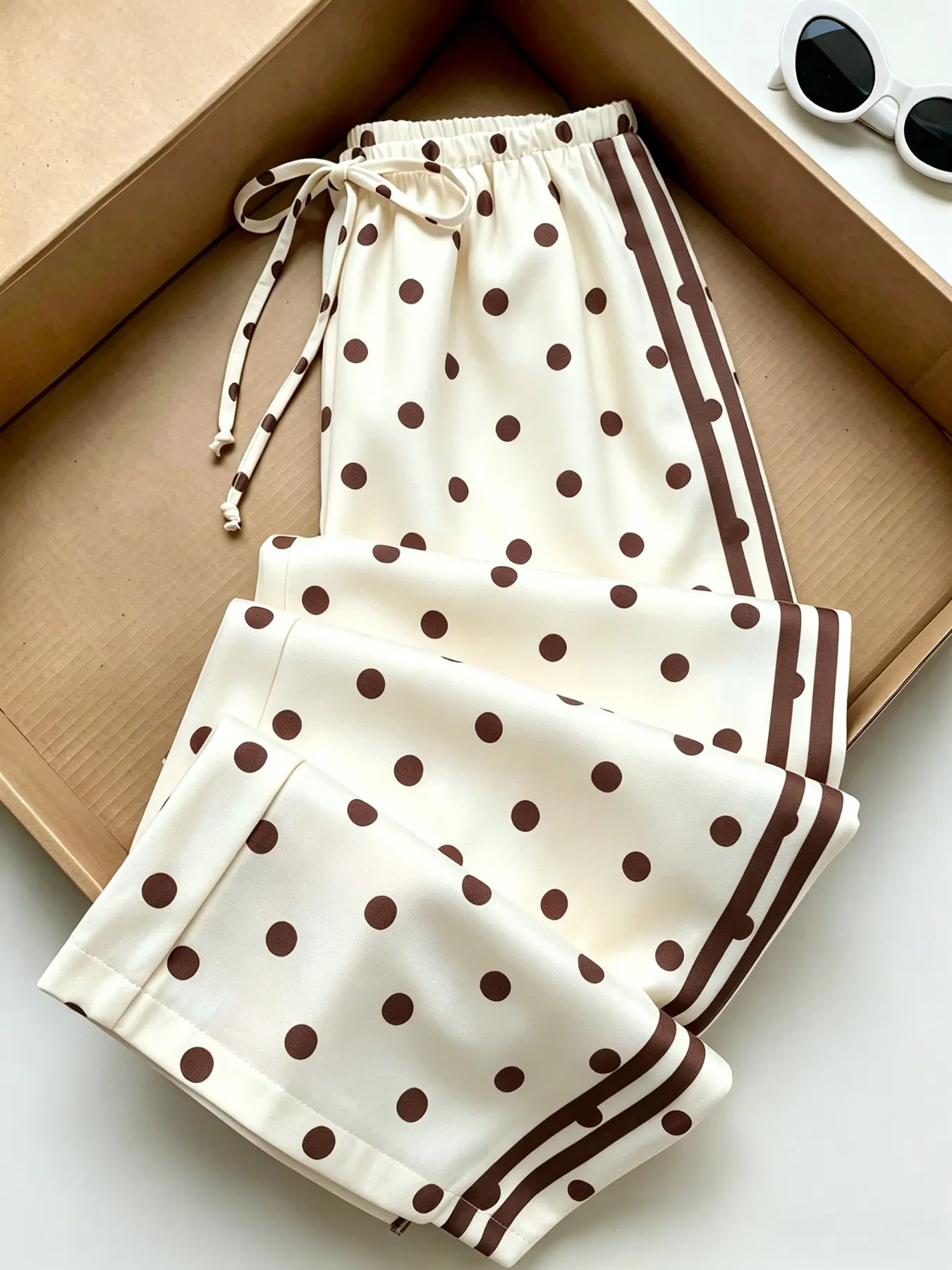 Women's Cream Coffee Dot Side Stripe Wide Leg Pants, Elastic Waist Drawstring, Casual Loose Fit, Home Wear, Versatile Long Trousers