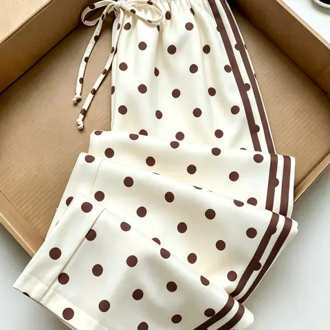 Women's Cream Coffee Dot Side Stripe Wide Leg Pants, Casual Fashion Bottoms, Elastic Waist Drawstring, Casual Loose Fit, Home Wear, Versatile Long Trousers