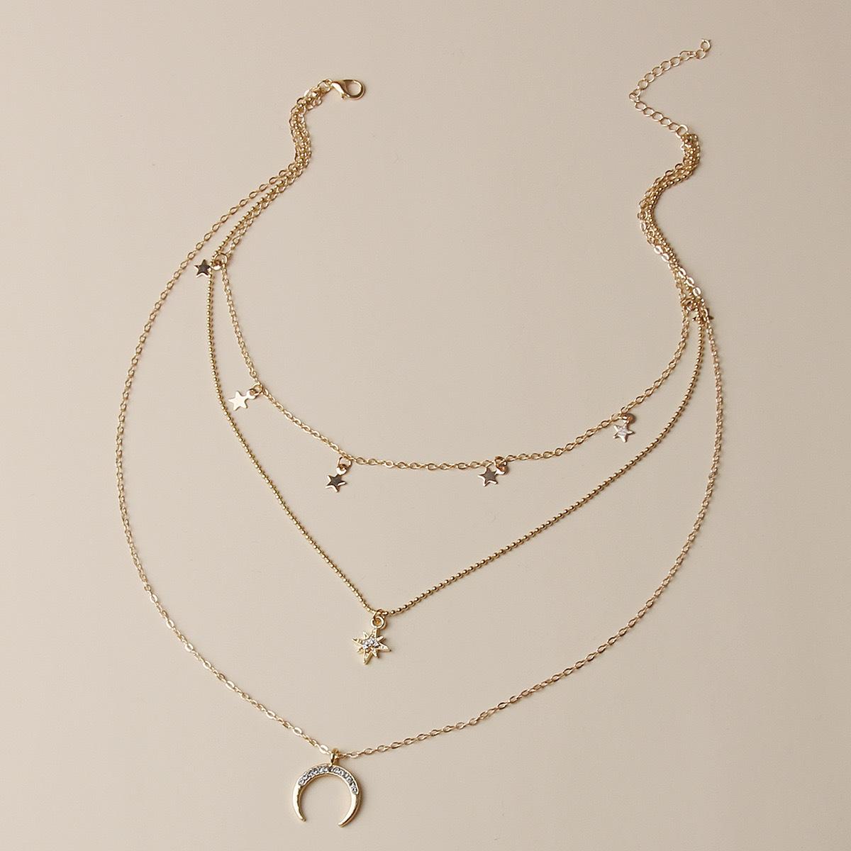Gold Layered Star Moon Pendant Necklace for Women, Dainty Multi-Chain Necklace Set