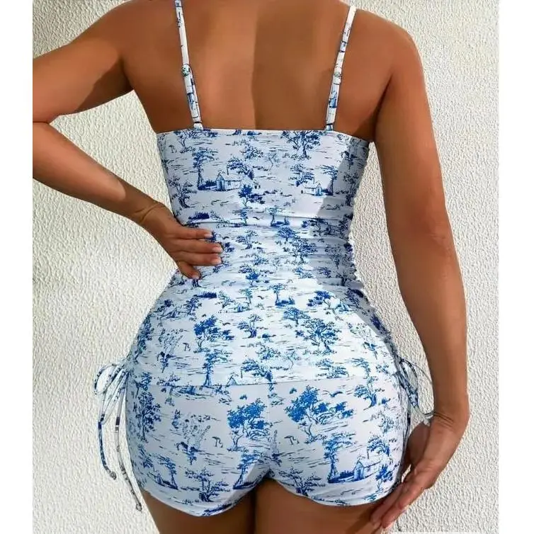 Women's Blue Toile Print Tankini Swimsuits, 2-Piece Spaghetti Strap Swimsuit with Ruched Bust Top and Side Tie Bottoms for Summer Vacation