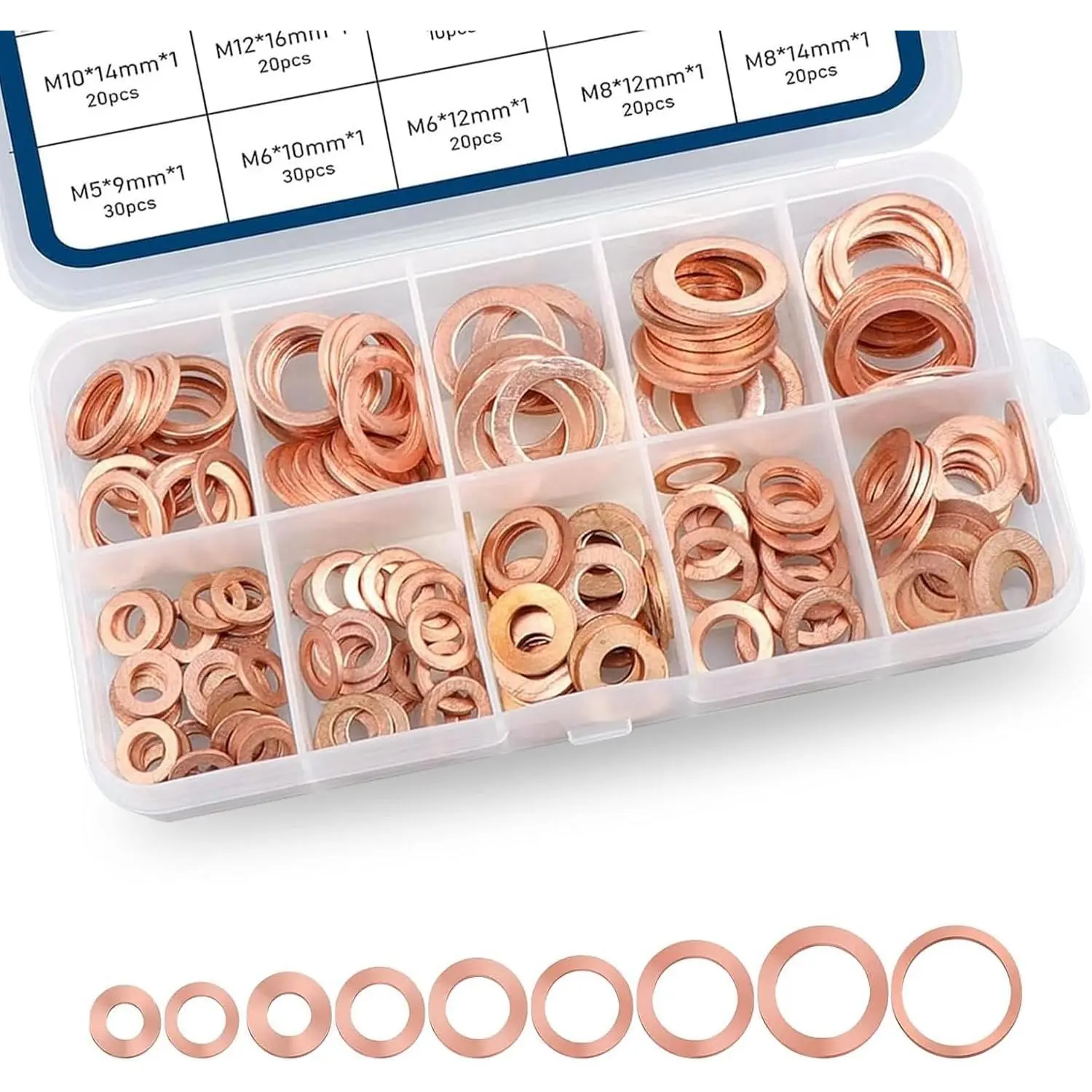 200 count  Copper Crush Metric Washers  Kit, 9 Sizes Copper Oil Pan Plug Sealing Gaskets, Flat Sealing Washer  Kit,  for   ()