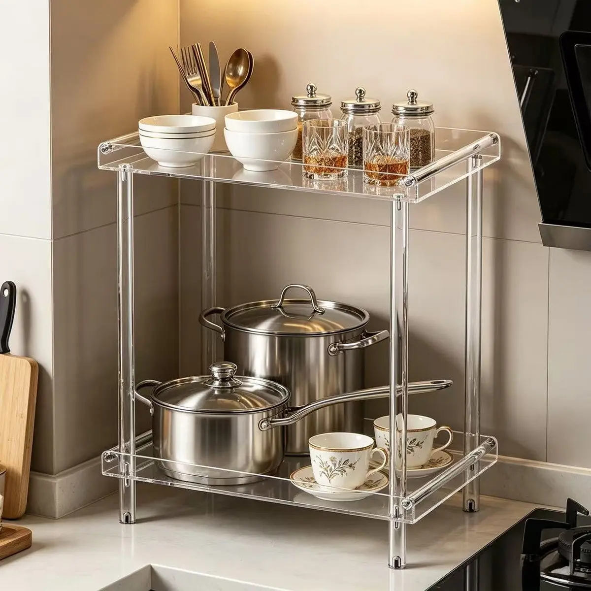 Transparent Acrylic Kitchen Shelf, 2-Tier Countertop Organizer, Modern Home Decor, 11.8 X 7.87 Inches, Ideal for Bar, Kitchen, Living Room