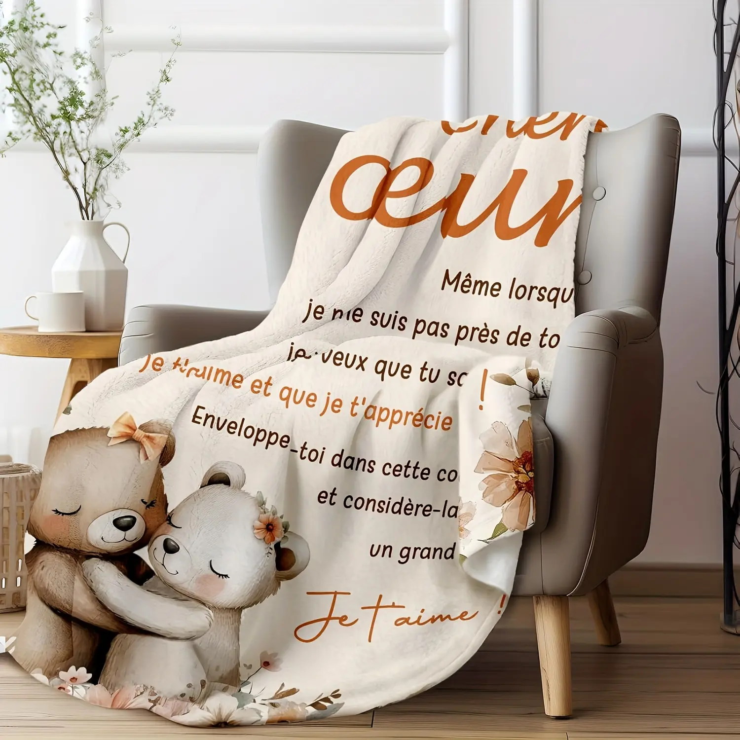 1pc Sister Gift Soft Warm 280GSM Flannel Teddy Blanket, Floral Teddy Bear Design with French Sister Quote, All-Season Cozy Throw for Birthday Christmas, Machine Washable Bedding, Teddy Blankets