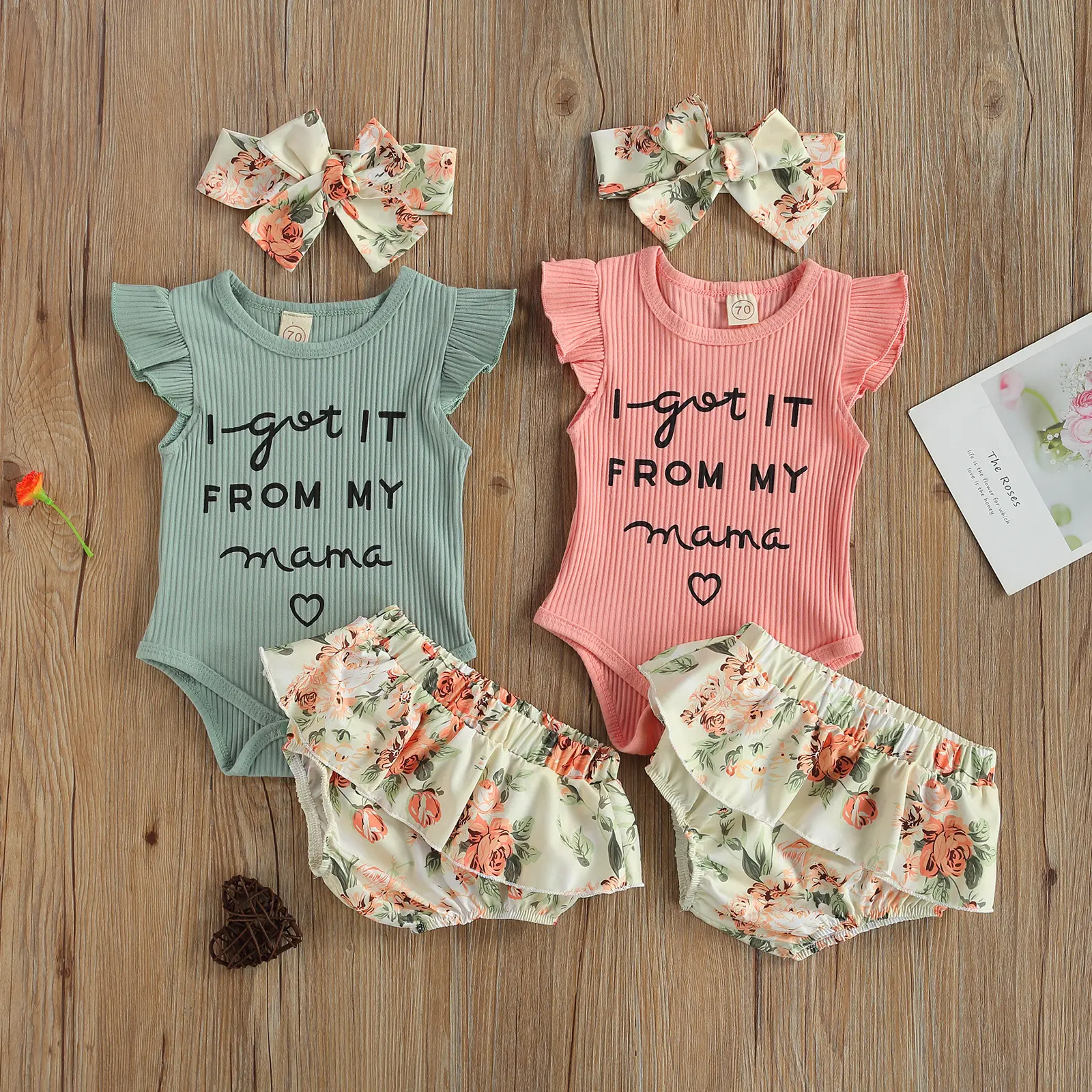 Toddler Baby Girl Clothes Mama's Girl Outfits Letter Printed Ruffle Sleeve Ribbed Romper Top and Elastic Waist Floral Layered Romper Shorts + Bow Headband