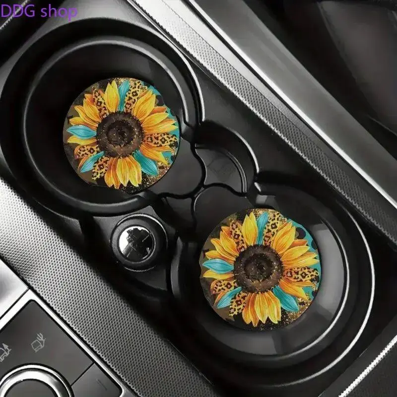 Sunflower Pattern Car Coaster, Round Anti-slip Car Cup Holder Coaster, Decorative Car Cup Holder Pad, Universal Car Accessories for Women & Men, Car Interior Accessory, Decoration, Car Interior Decoration, Car Decor Gift