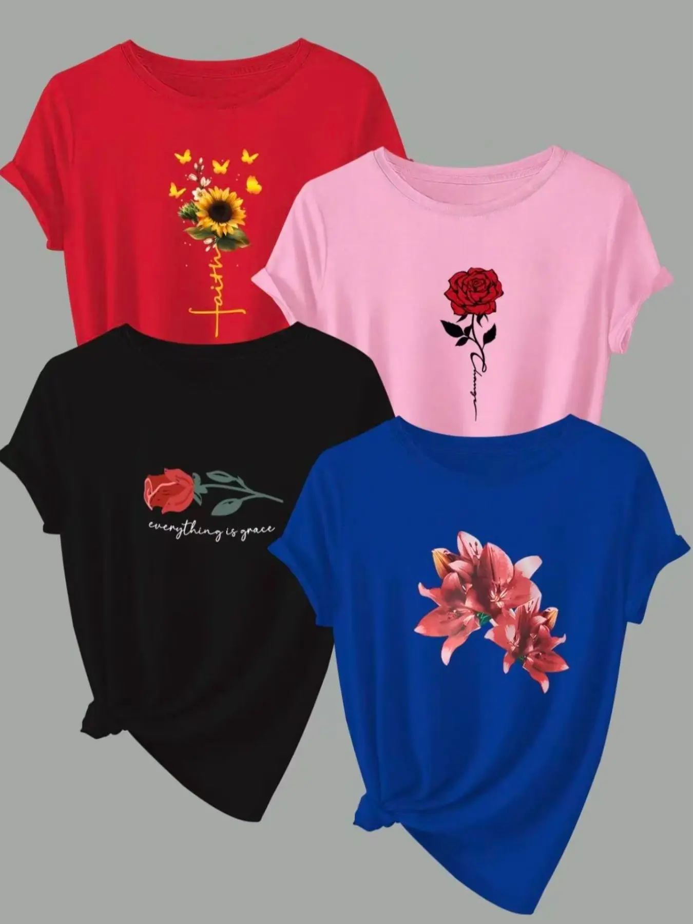 4-Pack Women's T-Shirts, Letter Print Floral Short Sleeve Shirts, Casual Everyday Summer Tops, Comfortable Loose Fit, Ideal for Daily Wear
