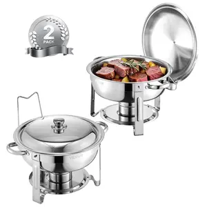 VEVOR Chafing Dish Buffet Set, 5 Qt 2 Pack, Stainless Steel Chafer with 2 Full Size Pans, Round Catering Warmer Server with Lid Water Pan Folding Stand Clip, for Weddings Parties Banquets, Silver