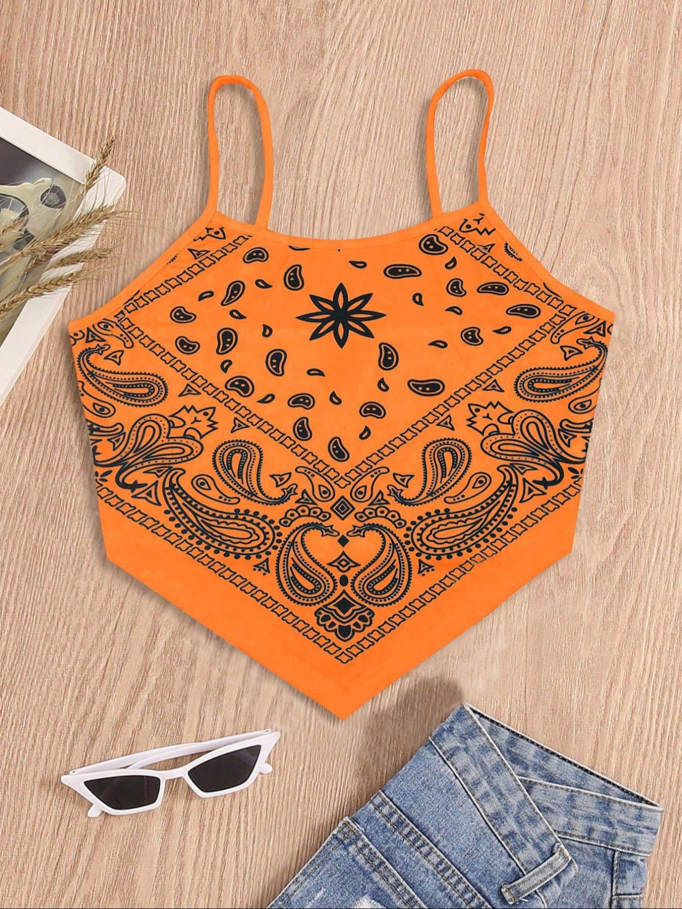 Women's Paisley Print Asymmetrical Hem Crop Cami Top, Summer Clothes Women, Boho Style Sleeveless Cropped Top for Summer, Fashion Casual Ladies Top for Beach Vacation Holiday