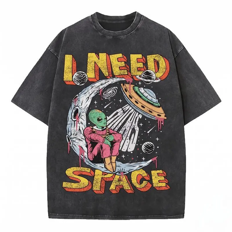 Retro Space Alien 'I Need Space' Sci-Fi Art" Vintage Distressed Aesthetics, Spring/Summer Men Women Clothes, Regular Fit T-Shirt Oversized tee, Acid wash t-shirt, Vintage washed shirt, Distressed top,Heavyweight tee,Gothic streetwear, Y2K retro