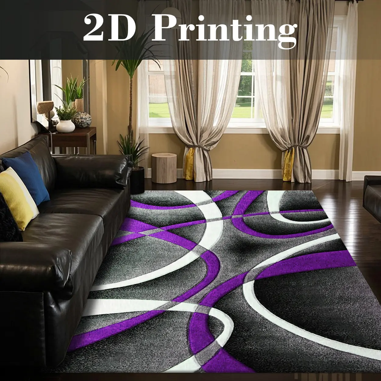 Local Delivery, Multiple Sizes Washable Non Slip Purple Line Art Area Rug for Bedroom, Minimalist Modern Style Rug