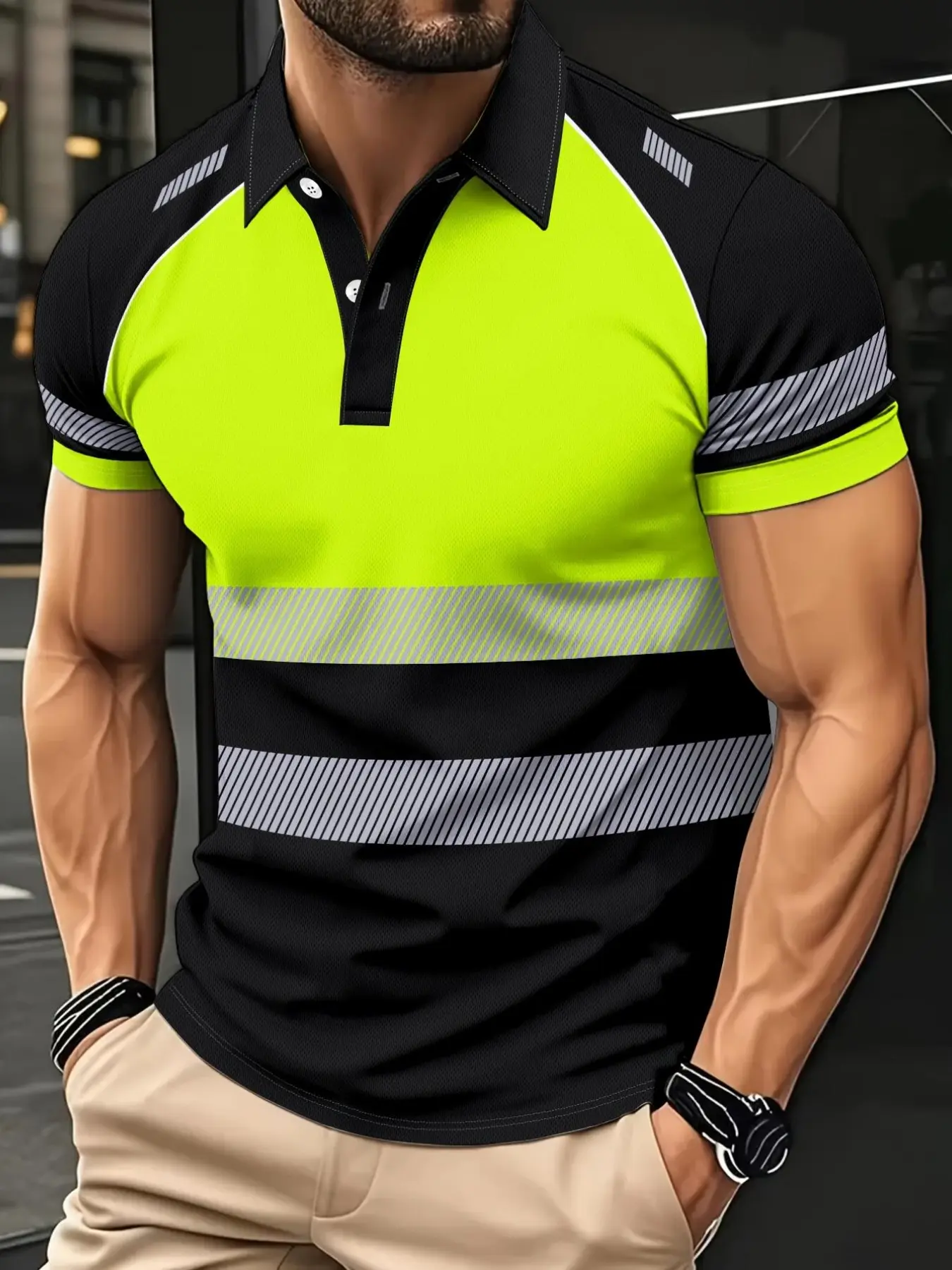 Men's Colorblock Striped Polo Short Sleeve, Breathable Mesh Workwear Safety Shirt, Outdoor Construction Casual T-Shirt