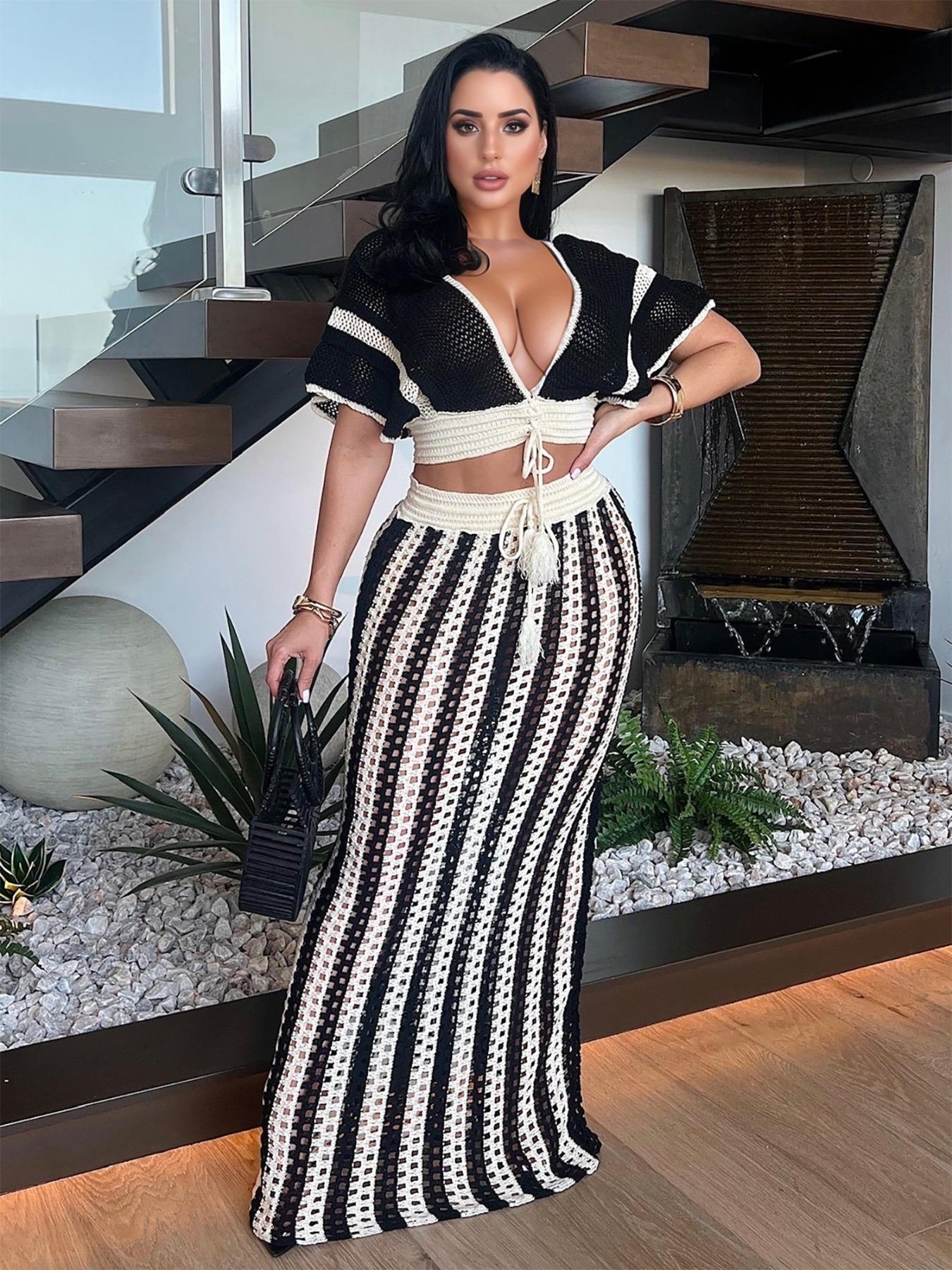 Two-piece Set Women's Colorblock Top & Striped Pattern Hollow Out Long Skirt, Casual Fashion Knitwear Set for Summer, Women's Clothing for Beach Vacation, Outfit Clothe Matching Skirt Set