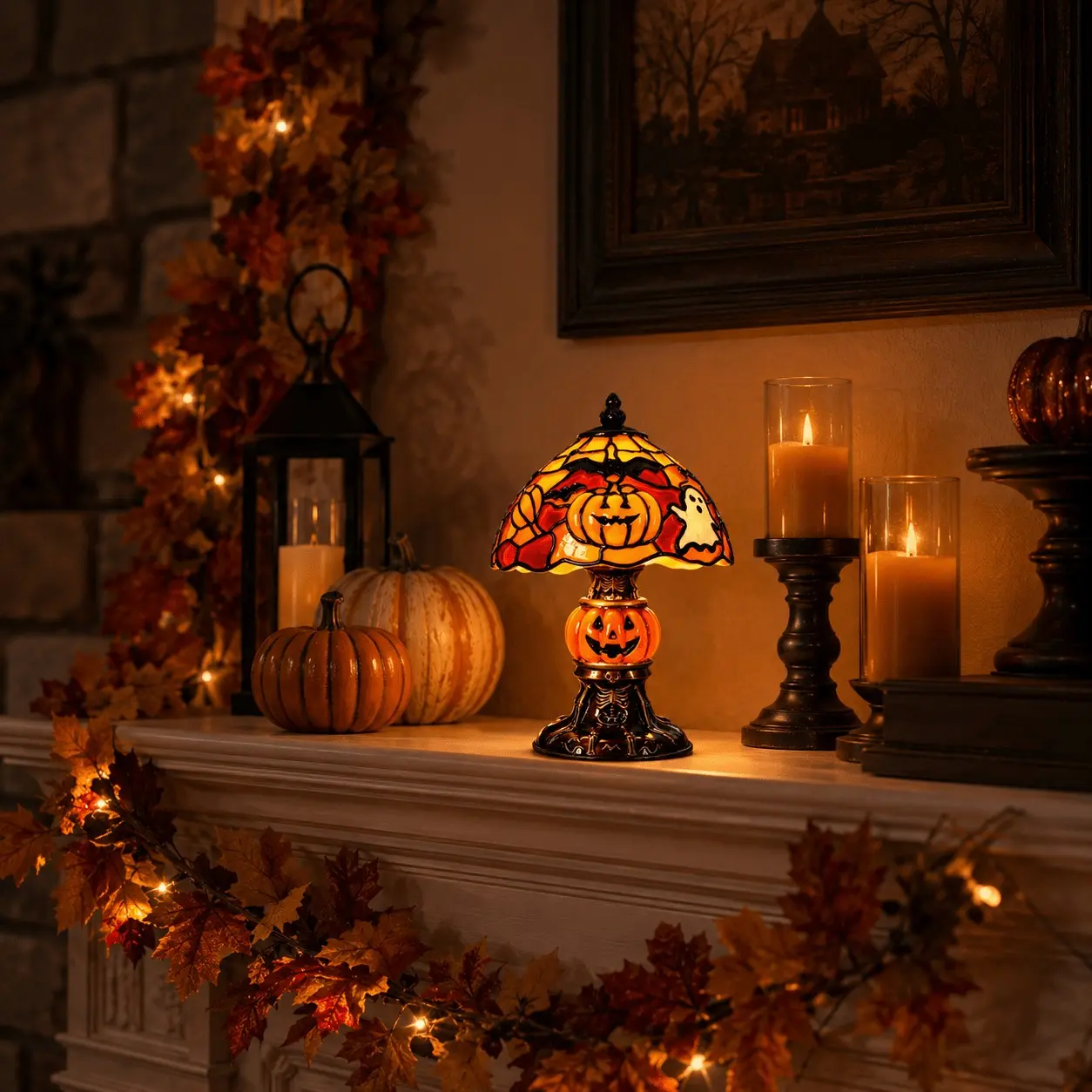 Retro Pumpkin Bat Pattern Decorative Table Lamp – Vintage Glow Night Light for Bedroom/Living Room, Cozy Halloween Decor Gift for Home Stylists, Haunted Vibe