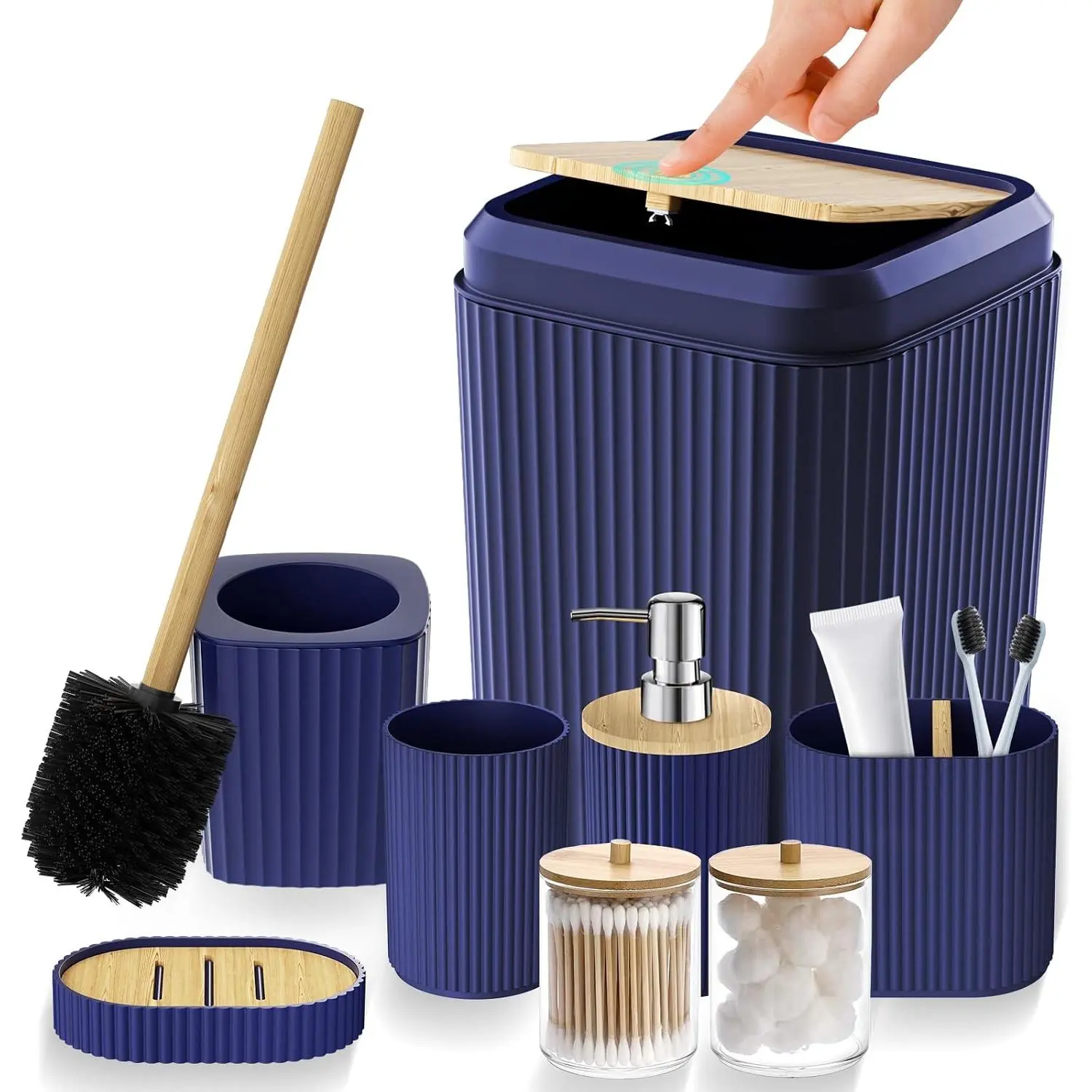 Navy Blue Unbreakable Plastic Bathroom Accessory Set - Smooth, Wipe-Easy Modern Home Bathroom Supplies with Trash Can, Toilet Brush Holder, Soap Dispenser, Tumbler Cup, Soap Dish, Qtip Holder