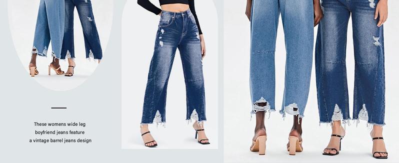 Imily Bela Women's Baggy Wide Leg Jeans Barrel Horseshoe Boyfriend Cropped Raw Hem Denim Pants