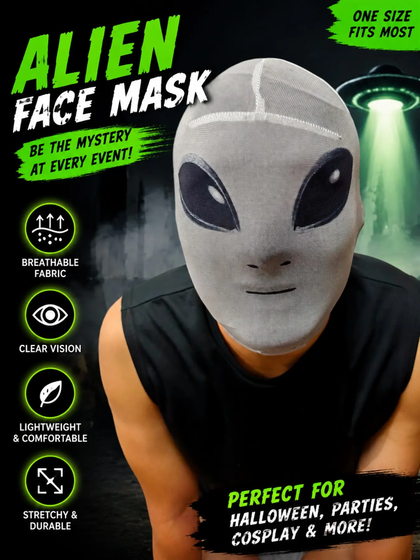 Halloween Alien Mask, Realistic Full Face Cover, Funny Costume Hood for Men Women, Street Style Print, Fall Winter Party Dress Up