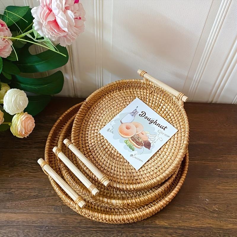 Round Rattan Storage Round Tray, 1/3 Counts  Boho Style Tea Tray with Handle, Fruit Plate, Bread Snack Basket, Home Organizer for Kitchen Dining Room, Decor